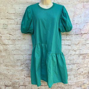 ENGLISH Factory Green Teal Mixed Medium Mini Dress Puff Shoulders Size M Medium